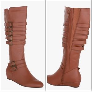 Torrid Strappy Wedge Knee High Boots in Cognac 9W